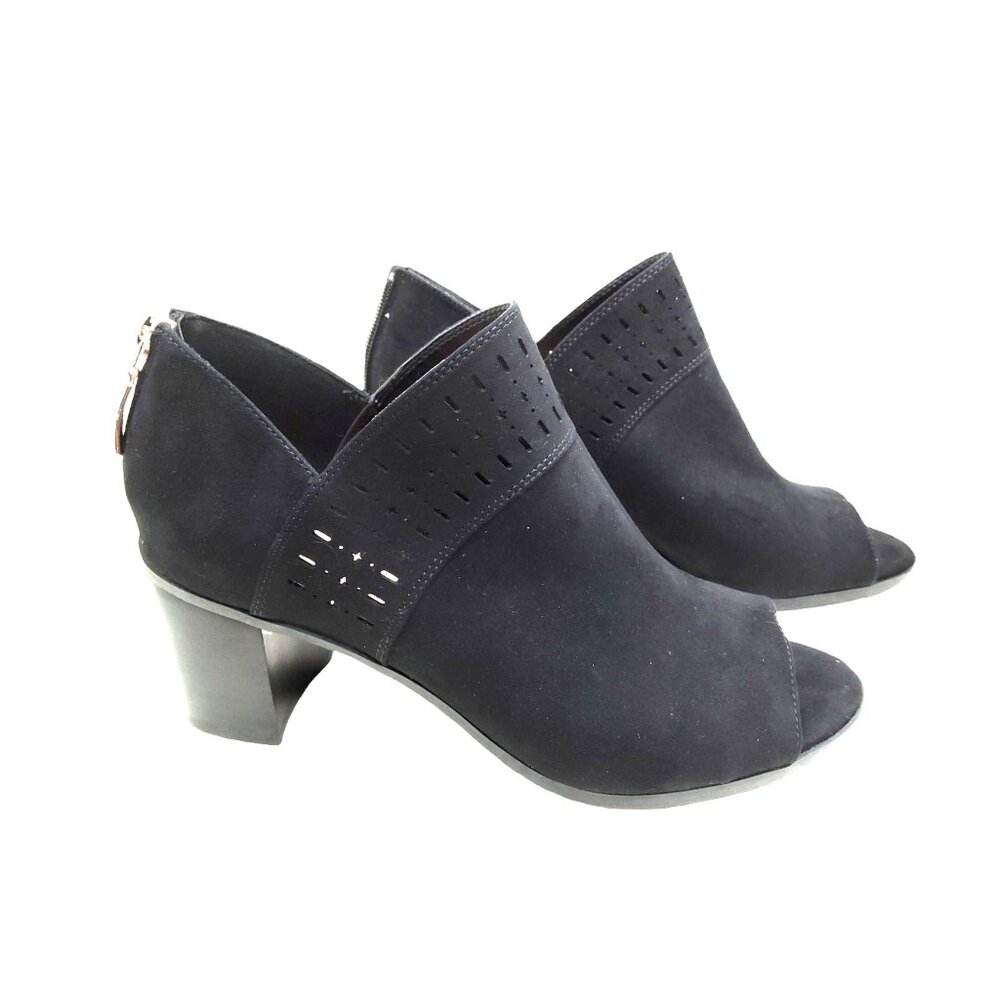 Xappeal women's black faux suede peep toe shoes with lazer cut outs and ankle zi